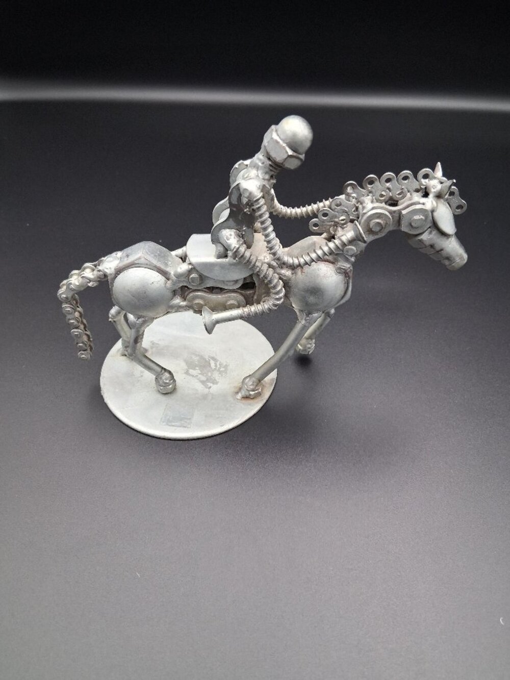 Metal Nuts and Bolts Sculpture of Rider on Horse with Moving Tail, Small